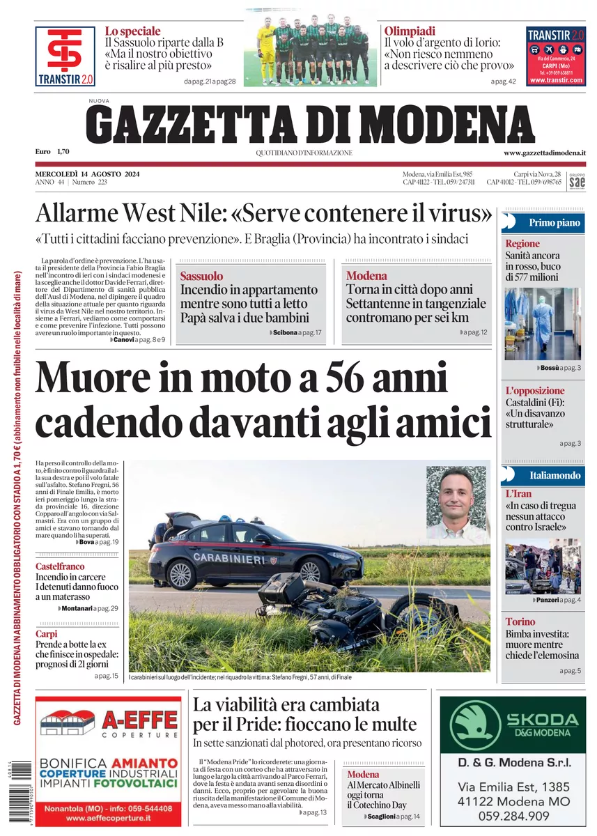 Prima-pagina-gazzetta di modena-oggi-edizione-del-2024-08-14